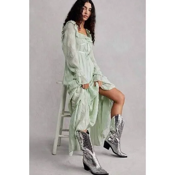 Free People Yara Maxi Dress Women's Size Small Mint Green Puff Sleeve Tiered - Picture 4 of 9